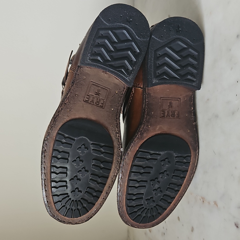 Frye Tan Leather Buckle Moto Boots - Picture 6 of 9